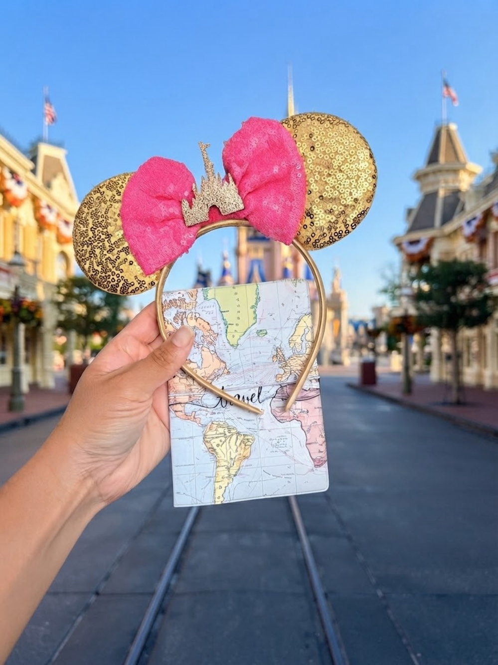 Gold Sequin Minnie Ears Headband with Pink Bow and Travel Passport Holder